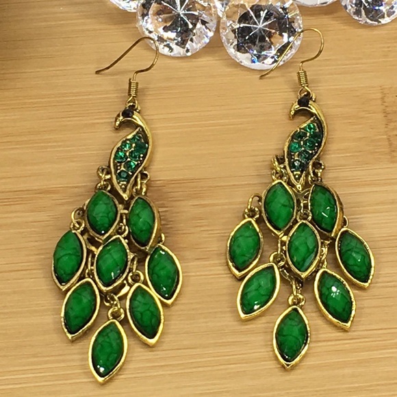 Green Peacock Earrings - Picture 2 of 8